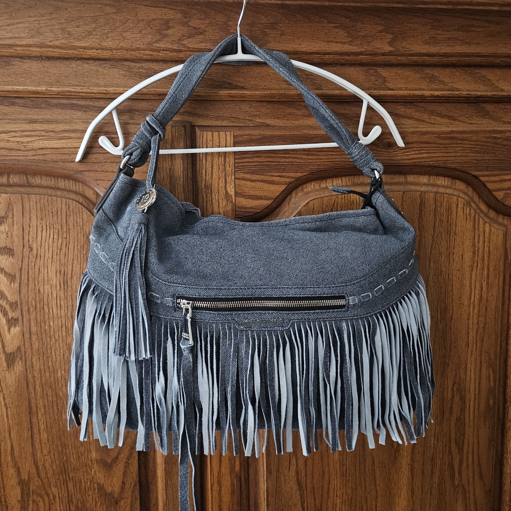Aimee Kestenberg Blue Denim Look Leather Fringe Shoulder Bag
